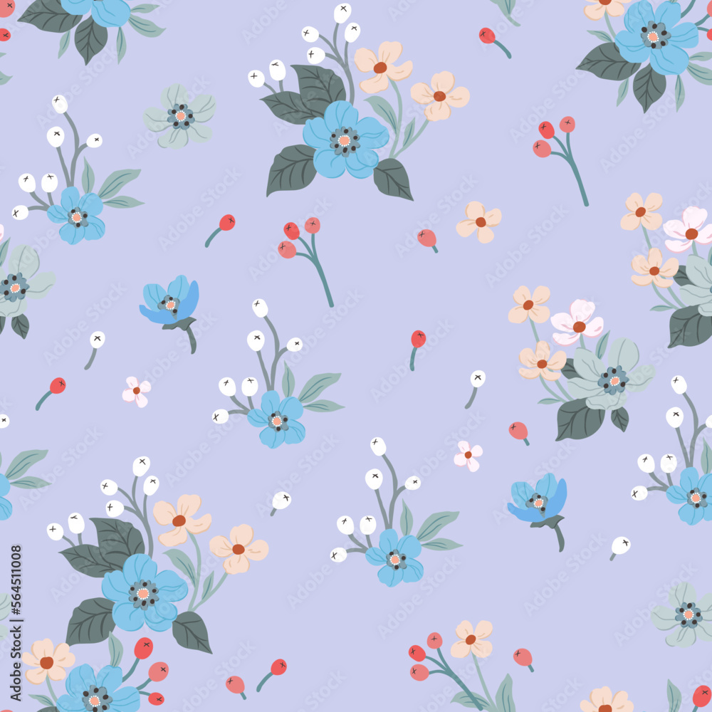 A pattern of cute spring flowers and berries. Cute floral aesthetic composition for wallpaper, print, poster, postcard, phone cases, banner, fabric, textiles.