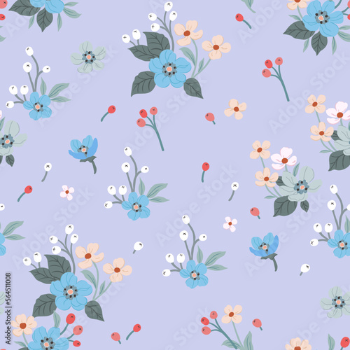 A pattern of cute spring flowers and berries. Cute floral aesthetic composition for wallpaper  print  poster  postcard  phone cases  banner  fabric  textiles.