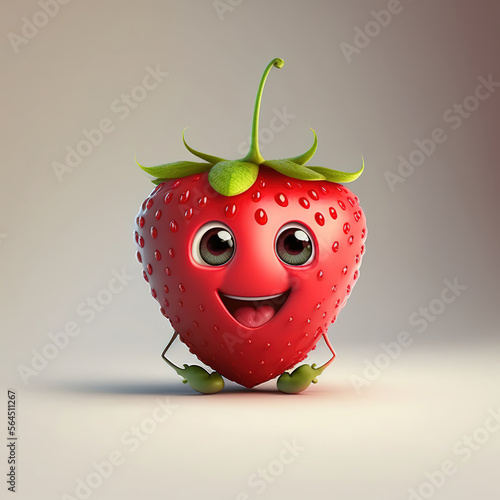 Cute Happy Strawberry Character Cartoon 3D. Generative AI