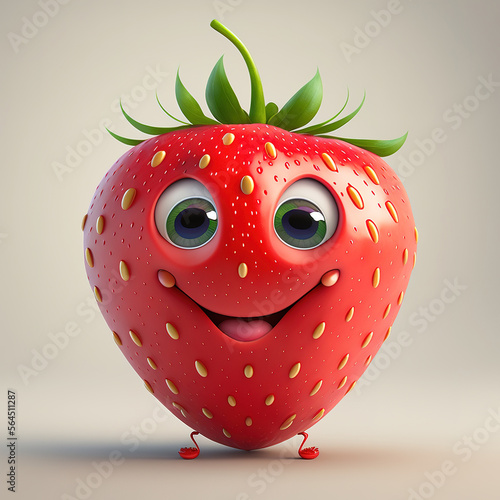 Cute Happy Strawberry Character Cartoon 3D. Generative AI