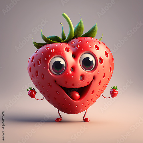 Cute Happy Strawberry Character Cartoon 3D. Generative AI
