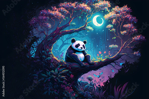 Obraz na plátně Panda looking upward from  tree canopy branch in jungle on a moonlit night