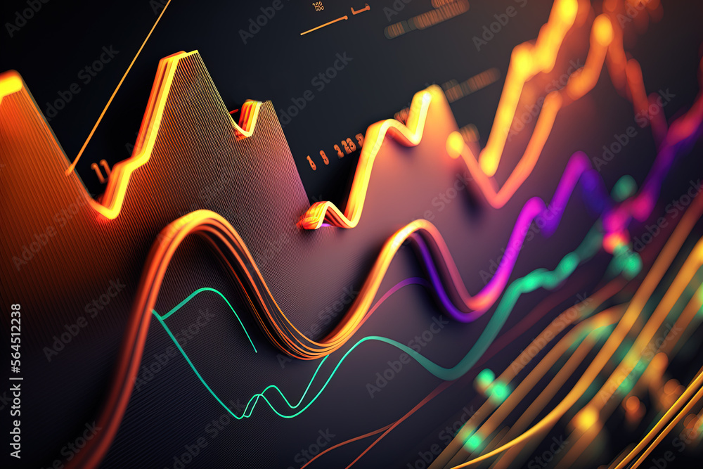 Generative AI, stock market chart lines, financial graph on technology abstract background represent financial crisis, financial meltdown. Technology concept, trading market concept. - obrazy, fototapety, plakaty 