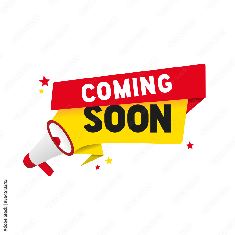 Coming soon banner with megaphone. Business concept. web element. Flat vector illustration isolated on white background. Coming soon banner with megaphone. Business concept. web element. Flat vector illustration isolated on white background.