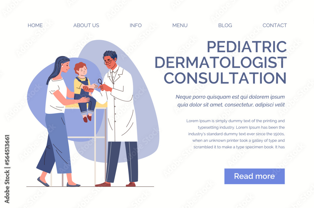 Children's care and treatment, doctor with patient, medical examination.  Infantile dermatology. Mom with child in physician's office Vector characters illustration Web template, landing page, website