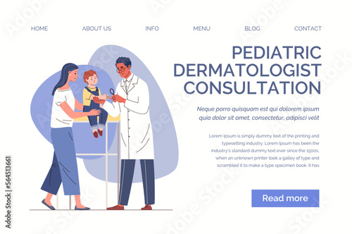 Children's care and treatment, doctor with patient, medical examination. Infantile dermatology. Mom with child in physician's office Vector characters illustration Web template, landing page, website