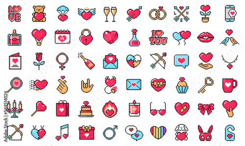 Valentine’s day pixel icons set. Love symbols isolated on white background, vector signs