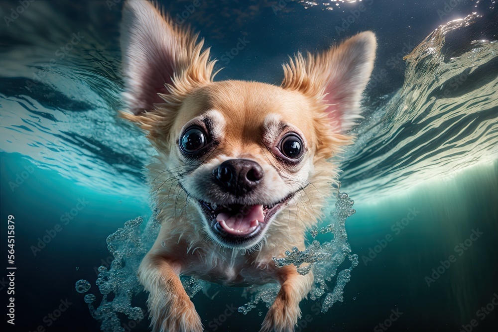 closeup wide angle underwater photo from a smiling chihuahua dog, ai art, illustration, underwater photography