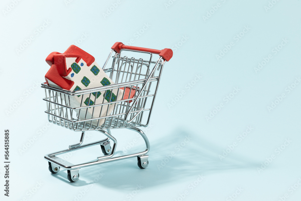 Shopping cart and home model inside on cyan background