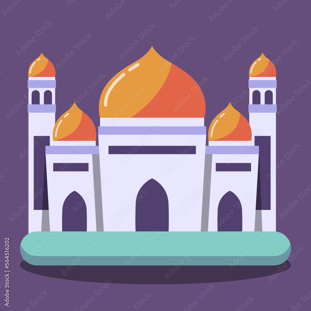 Vector flat Muslim Mosque on dark blue background. Flat with shadow architectural object. Vector cartoon design. Beautiful muslim shrine icon illustration. Eastern cultural landmark. Vector flat Muslim Mosque on dark blue background. Flat with shadow architectural object. Vector cartoon design. Beautiful muslim shrine icon illustration. Eastern cultural landmark.