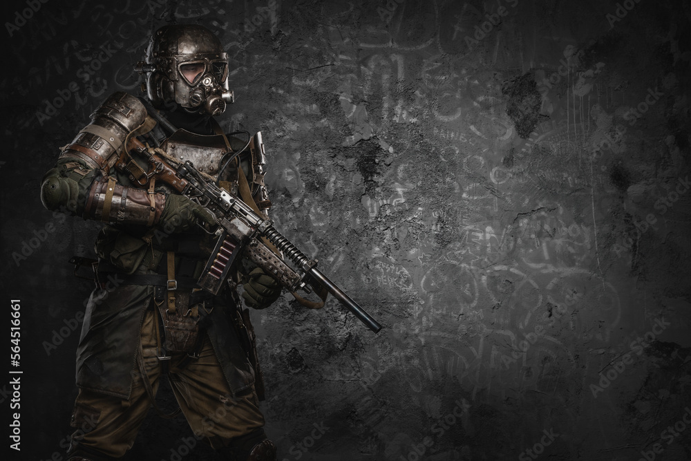 Shot of military man in setting of post apocalypse against dark background. Shot of military man in setting of post apocalypse against dark background.