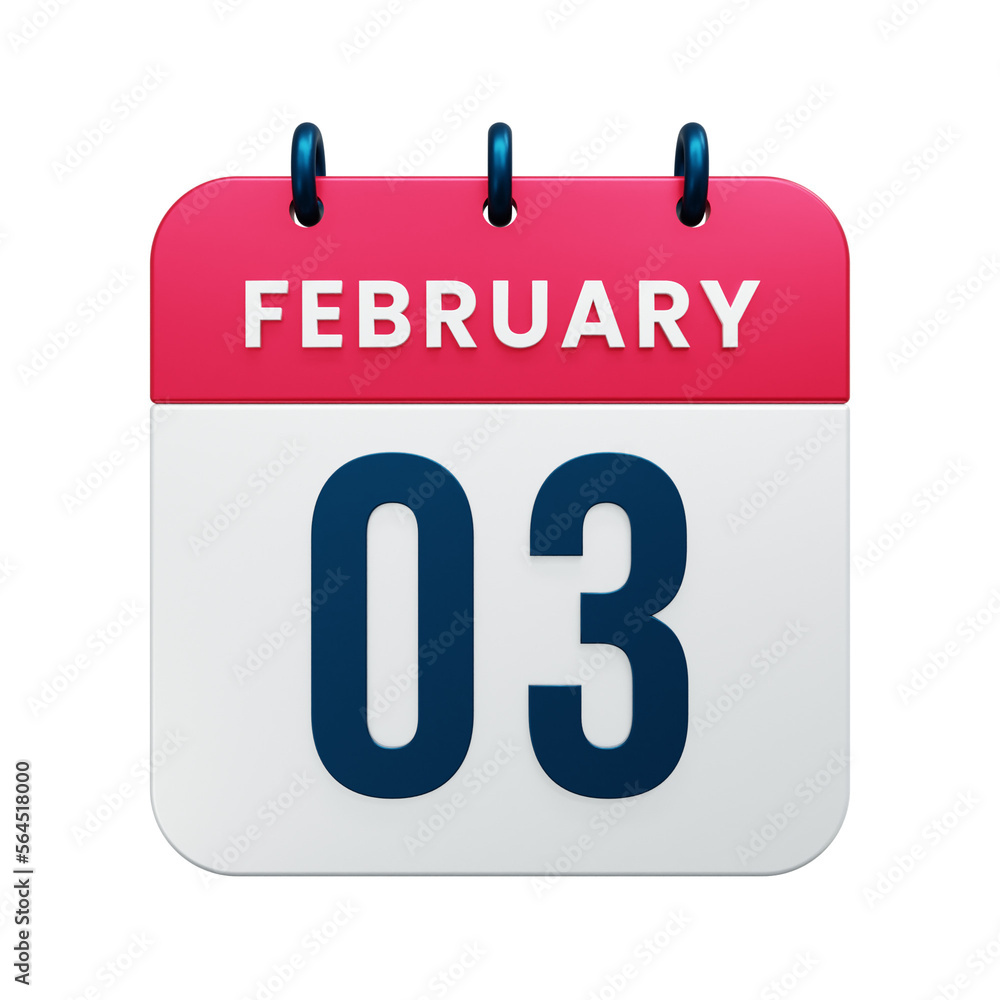 February Realistic Calendar Icon 3D Illustration Date February 03 February Realistic Calendar Icon 3D Illustration Date February 03