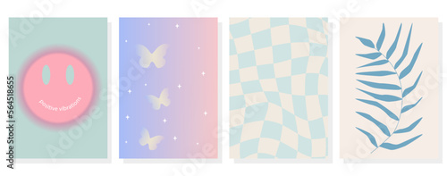 Illustrations in a trendy style у2k with geometric, abstract and gradient shapes. Set of poster templates, home decor posters, covers, screensavers and more.