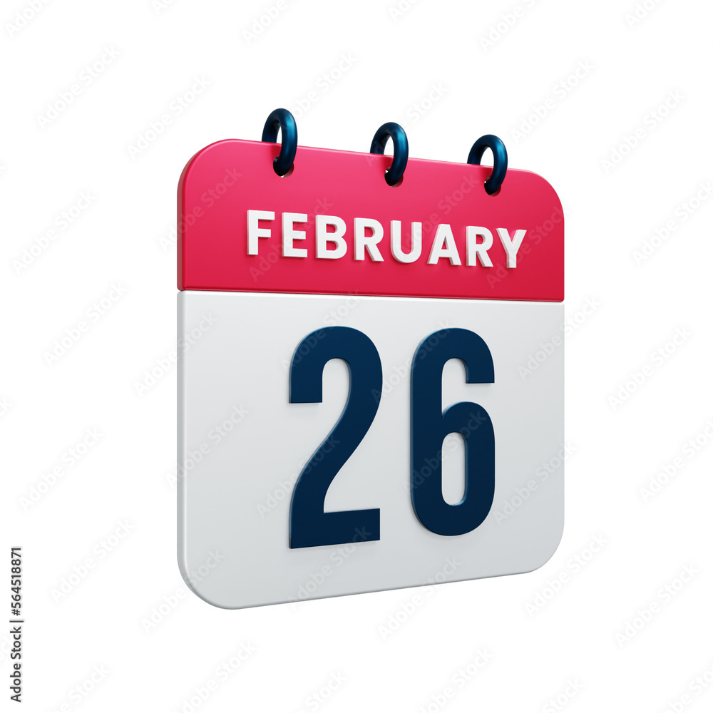 February Realistic Calendar Icon 3D Illustration Date February 26 February Realistic Calendar Icon 3D Illustration Date February 26