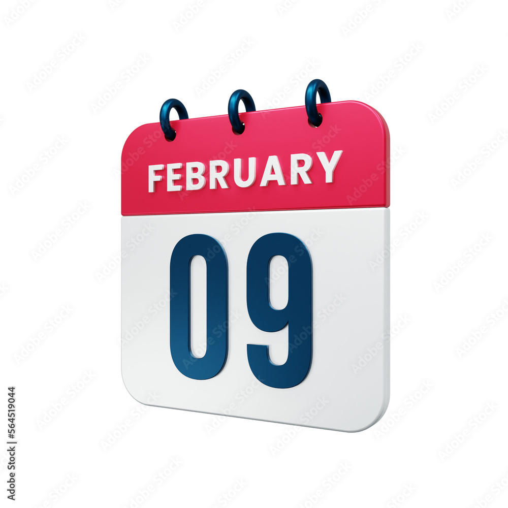 February Realistic Calendar Icon 3D Illustration Date February 09 February Realistic Calendar Icon 3D Illustration Date February 09
