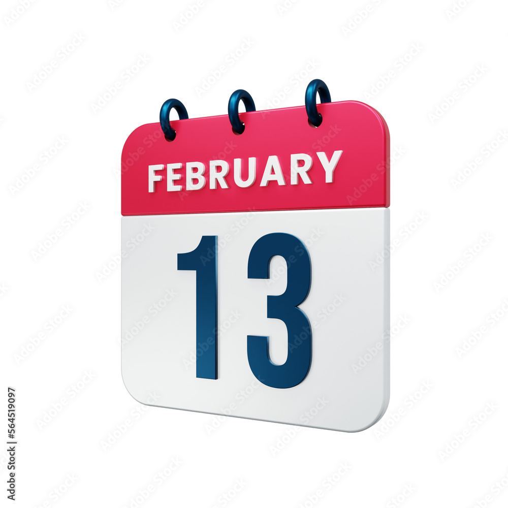 February Realistic Calendar Icon 3D Illustration Date February 13 February Realistic Calendar Icon 3D Illustration Date February 13