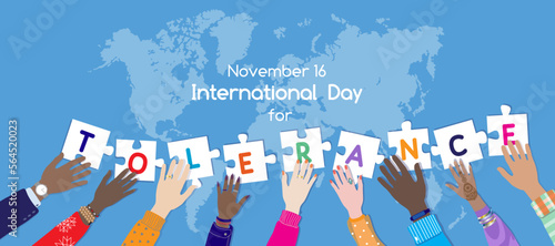 International day for Tolerance 16 November vector banner. Diverse hands male, female together holding puzzle pieces with letters TOLERANCE. Top view at world map, multicultural, multiracial people