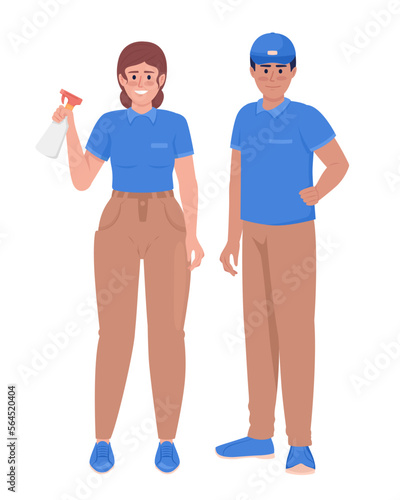 Cleaning and janitorial services staff semi flat color vector characters. Editable figures. Full body people on white. Simple cartoon style illustration for web graphic design and animation