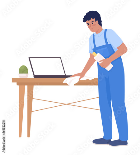 Male housekeeper wiping wood table with laptop semi flat color vector character. Editable figure. Full body person on white. Simple cartoon style illustration for web graphic design and animation