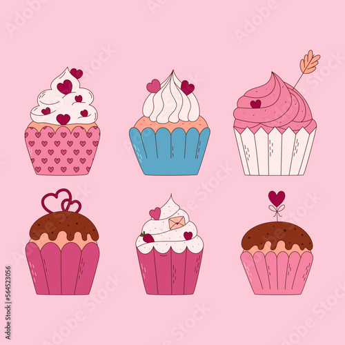 Hand drawn set of cupcakes for Valentine day. Design elements for posters  greeting cards  banners and invitations.