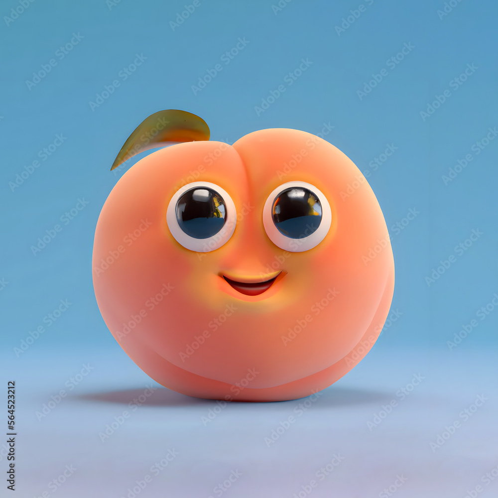 Cute smiling peach emoji character with big eyes on a blue background