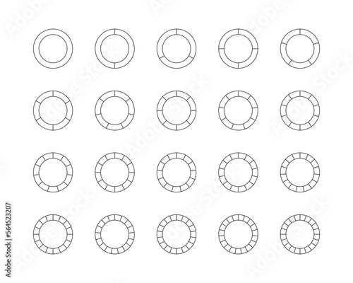 Circle section graph. Circular chart. Pie diagram divided into pieces. Set schemes with sectors. Round structure template with 3, 6, 9 elements. Piechart with segments and slices. Vector illustration
