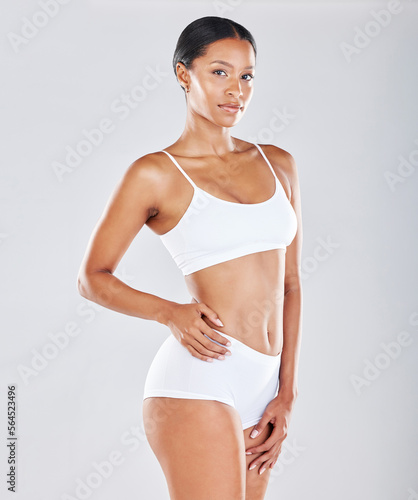 Portrait, body and woman in underwear with skin for fitness, health and wellness isolated on studio background. Diet, cellulite and exercise, healthy lifestyle mockup and weightloss with nutrition