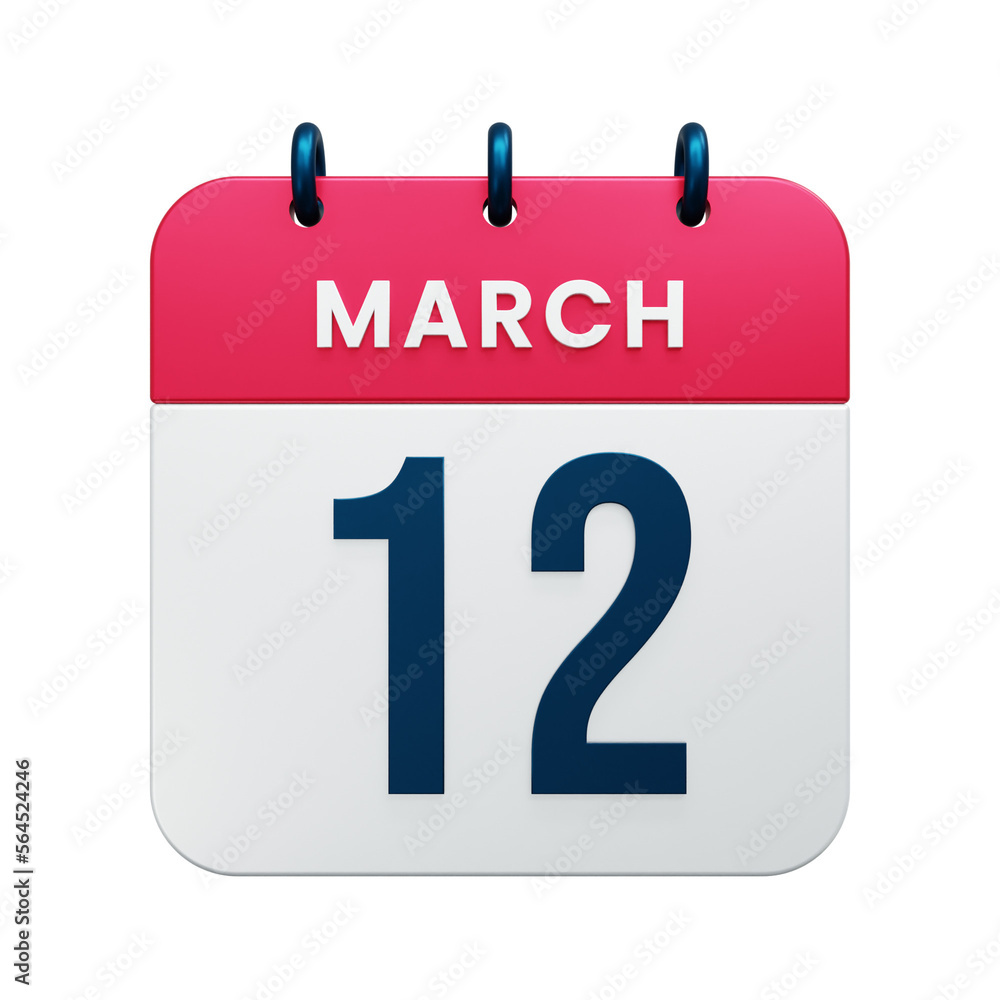 March Realistic Calendar Icon 3D Illustration Date March 12 March Realistic Calendar Icon 3D Illustration Date March 12
