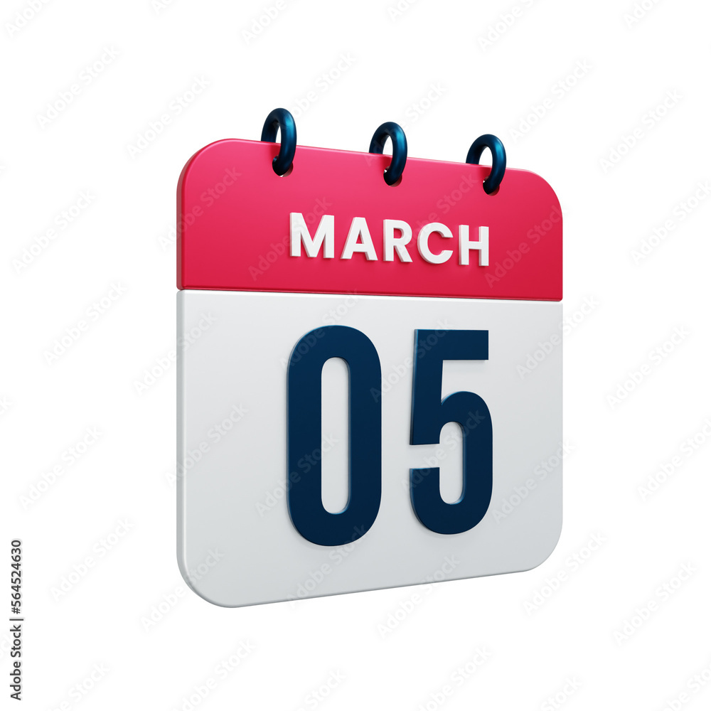 March Realistic Calendar Icon 3D Illustration Date March 05 March Realistic Calendar Icon 3D Illustration Date March 05