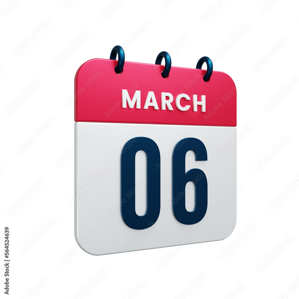 March Realistic Calendar Icon 3D Illustration Date March 06 March Realistic Calendar Icon 3D Illustration Date March 06
