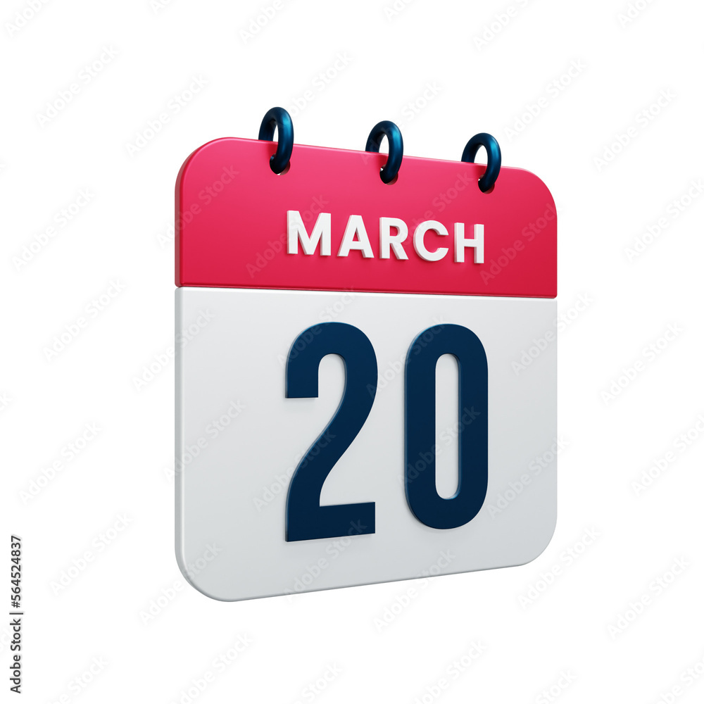 March Realistic Calendar Icon 3D Illustration Date March 20 March Realistic Calendar Icon 3D Illustration Date March 20