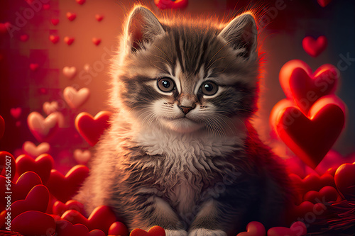 Cute kitten surrounded by red hearts made by generative ai