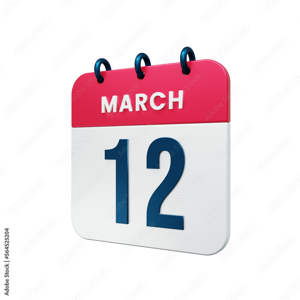 March Realistic Calendar Icon 3D Illustration Date March 12 March Realistic Calendar Icon 3D Illustration Date March 12