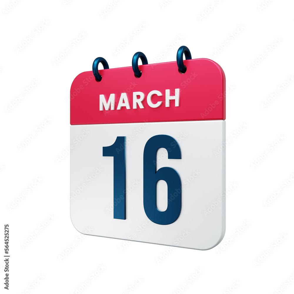 March Realistic Calendar Icon 3D Illustration Date March 16 March Realistic Calendar Icon 3D Illustration Date March 16