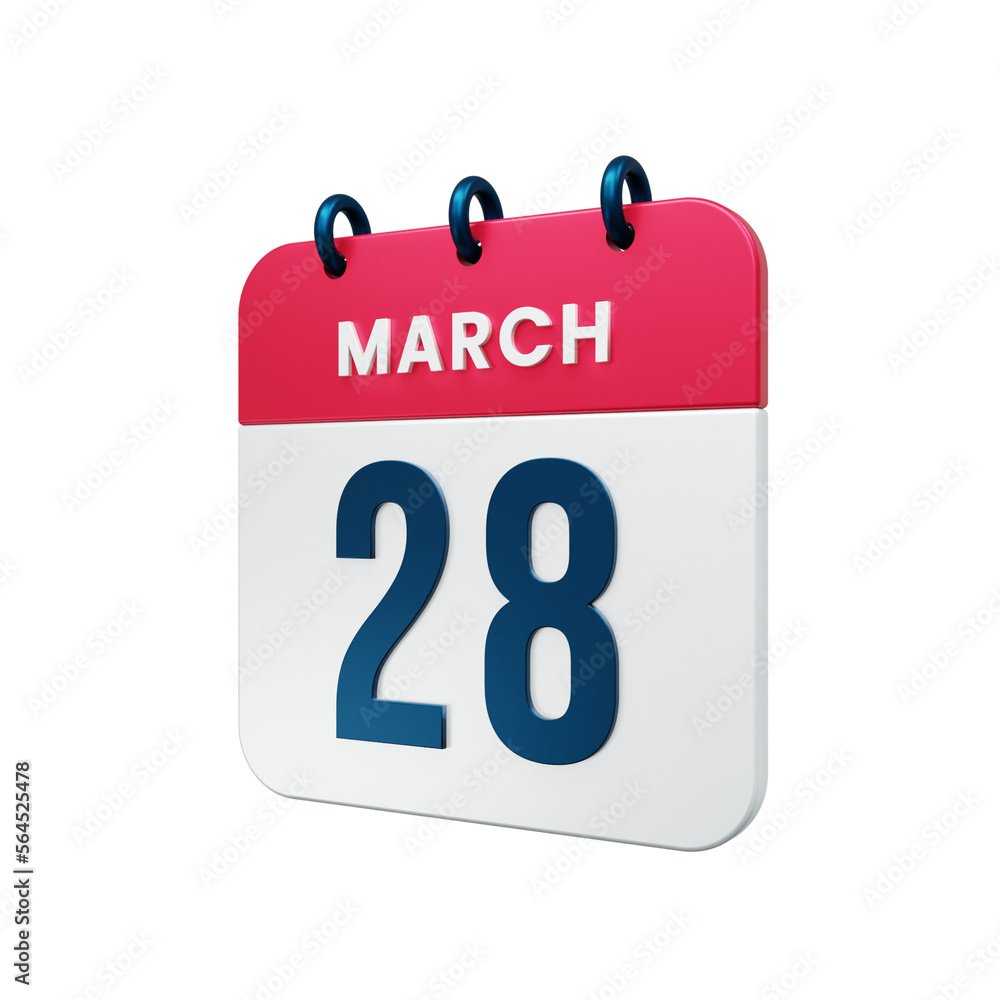 March Realistic Calendar Icon 3D Illustration Date March 28 March Realistic Calendar Icon 3D Illustration Date March 28