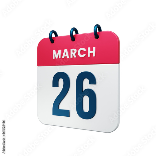 March Realistic Calendar Icon 3D Illustration Date March 26