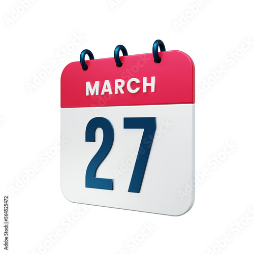 March Realistic Calendar Icon 3D Illustration Date March 27