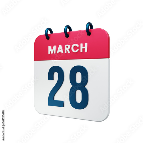 March Realistic Calendar Icon 3D Illustration Date March 28
