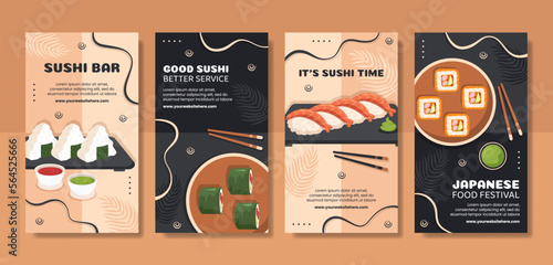Japanese Sushi or Asian Food Social Media Stories Flat Cartoon Hand Drawn Templates Illustration