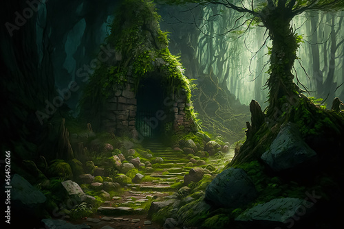 overgrown forest with broken stone floor leading to an underground tomb. Generative AI © nadunprabodana