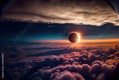 Annular solar eclipse over the sea of clouds photographed from the plane photo