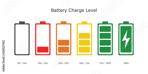 Battery charge level set indicator in percent vector icons