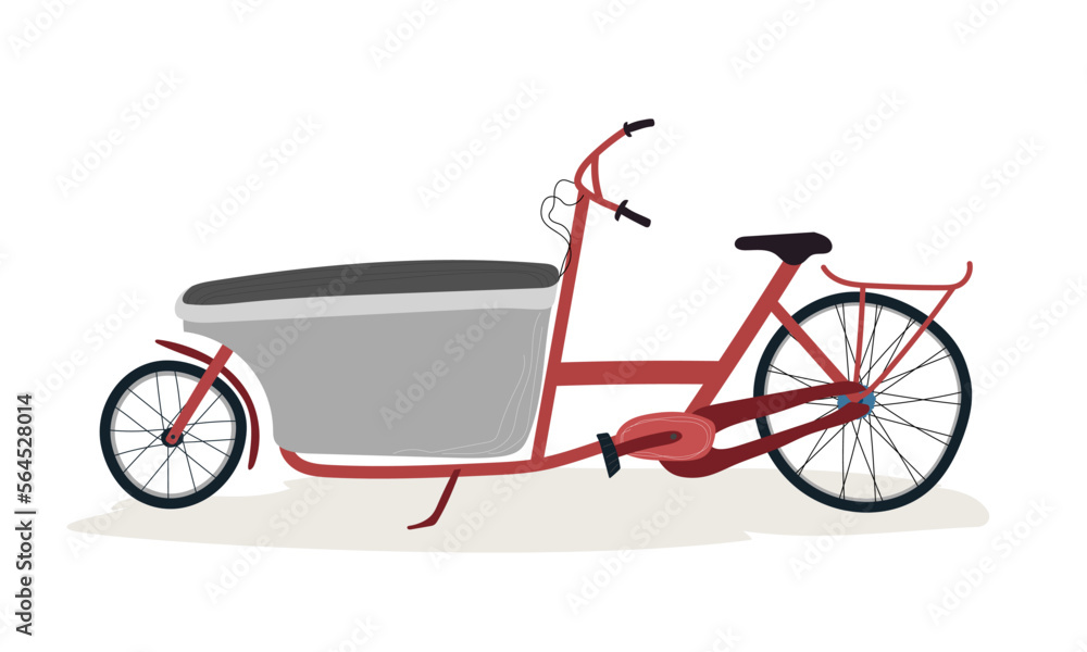 Cargo bike simple flat hand drawn style standing at the parking. Advertisement vector illustration.