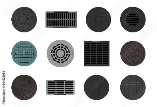 Sewer manholes and plumes set vector flat illustration. Industrial metal urban sewage photo