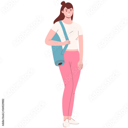 Full length woman in sportswear holding yoga mat, cartoon character