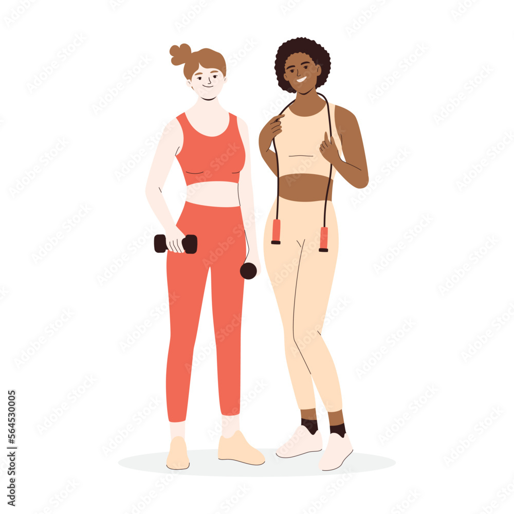 Diverse women holding fitness equipment, cartoon character Diverse women holding fitness equipment, cartoon character