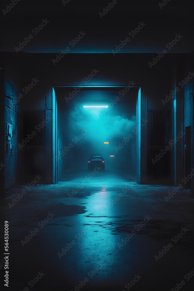 Dark blue street building with fog created with AI