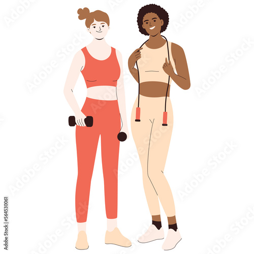 Diverse women holding fitness equipment, cartoon character