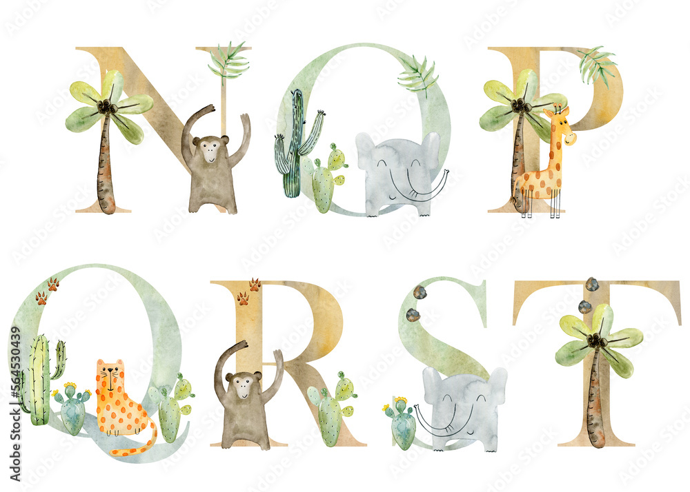Watercolor safari animals letters for invitation card, nursery poster and other. - obrazy, fototapety, plakaty 