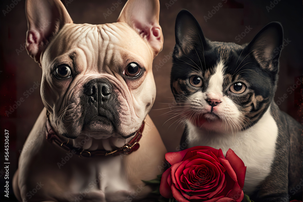 Dog & Cat portrait with rose made by generative ai